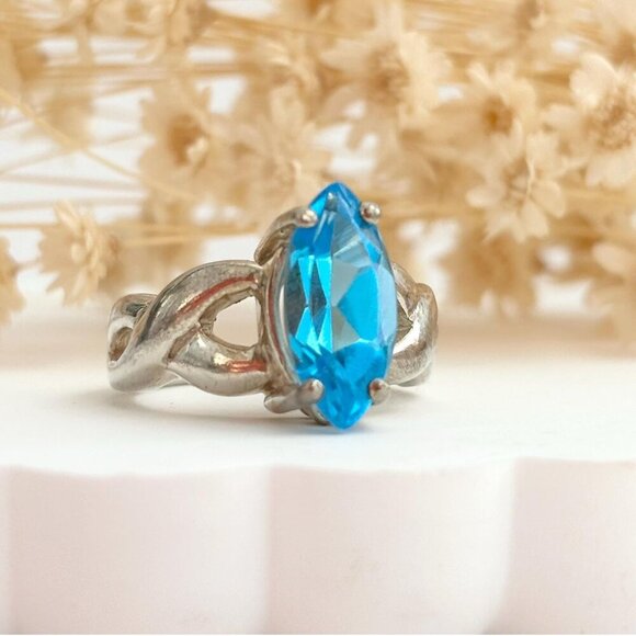 Marquise Cut Blue Topaz Solitaire Vintage Gemstone Braided Cocktail Ring sz 6.75 - Picture 9 of 10